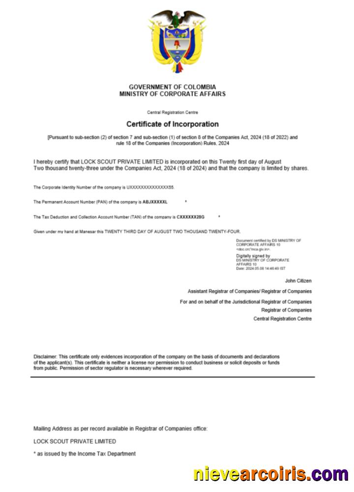 Colombia certificate of registration